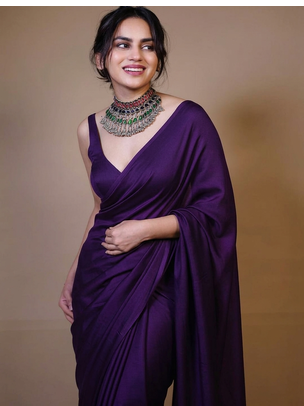 Designer Solid Fandy Satin Saree With Unstitched  Blouse piece 4