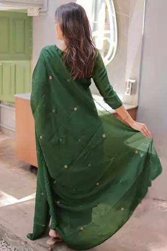 Green embroidered  vertical cotton straight kurti pant dupatta set