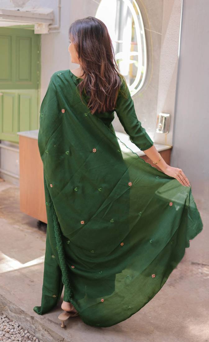 Green embroidered  vertical cotton straight kurti pant dupatta set