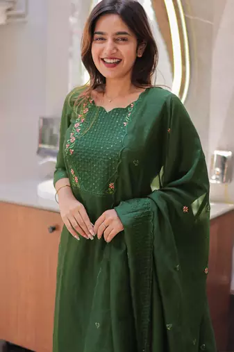 Green embroidered  vertical cotton straight kurti pant dupatta set