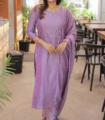 Lavendar embroidered  vertical cotton straight kurti pant dupatta set