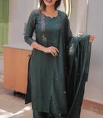 Cobalt embroidered  vertical cotton straight kurti pant dupatta set