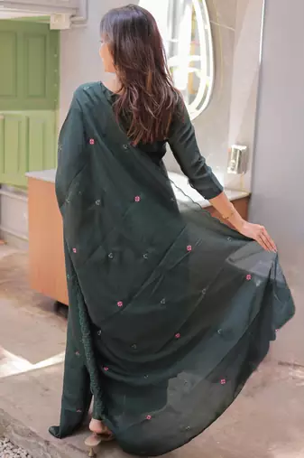 Cobalt embroidered  vertical cotton straight kurti pant dupatta set