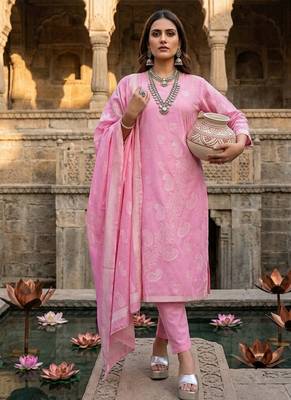 Pink jaquard pure cotton straight kurti pant dupatta set 1