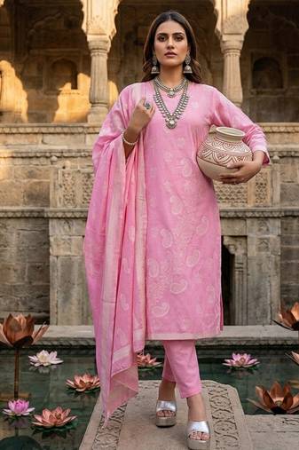 Pink jaquard pure cotton straight kurti pant dupatta set