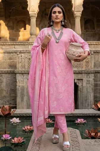 Pink jaquard pure cotton straight kurti pant dupatta set