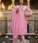 Pink jaquard pure cotton straight kurti pant dupatta set