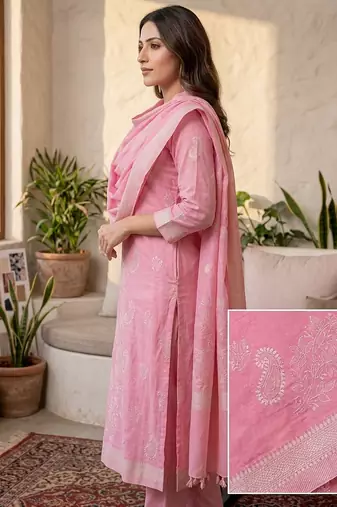 Pink jaquard pure cotton straight kurti pant dupatta set