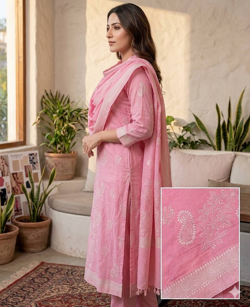 Pink jaquard pure cotton straight kurti pant dupatta set