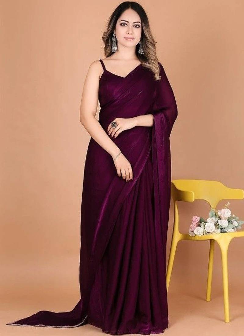 Designer Solid Fandy Satin Saree With Unstitched  Blouse piece