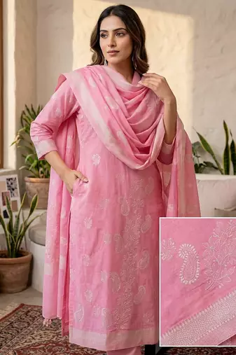 Pink jaquard pure cotton straight kurti pant dupatta set