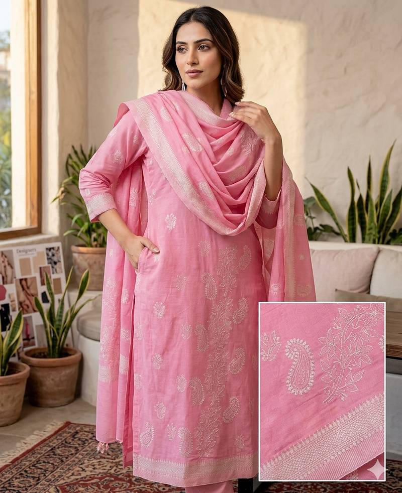 Pink jaquard pure cotton straight kurti pant dupatta set