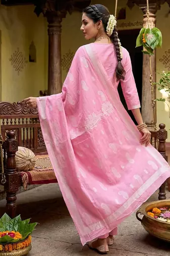 Pink jaquard pure cotton straight kurti pant dupatta set