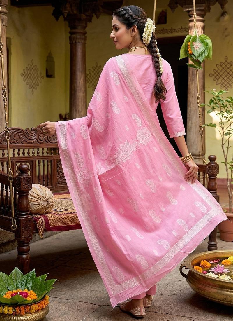 Pink jaquard pure cotton straight kurti pant dupatta set