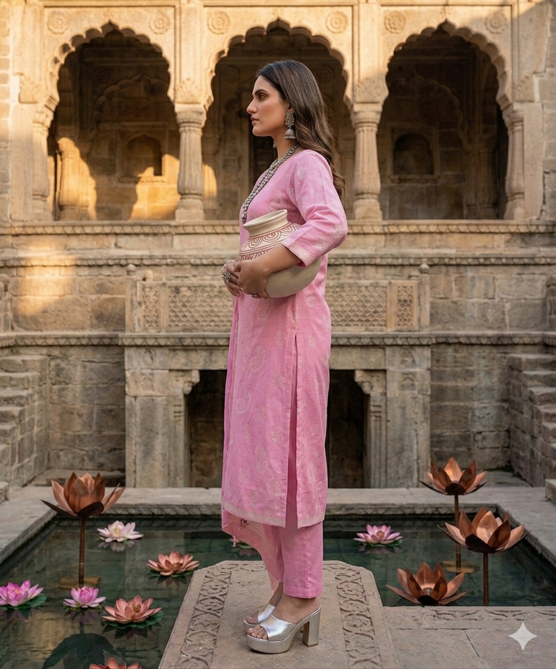 Pink jaquard pure cotton straight kurti pant dupatta set