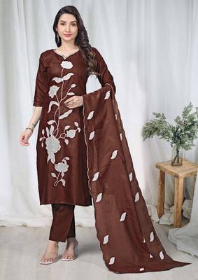 Brown embroidered  vertical cotton straight kurti pant dupatta set 1