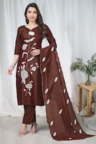 Brown embroidered  vertical cotton straight kurti pant dupatta set