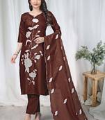 Brown embroidered  vertical cotton straight kurti pant dupatta set