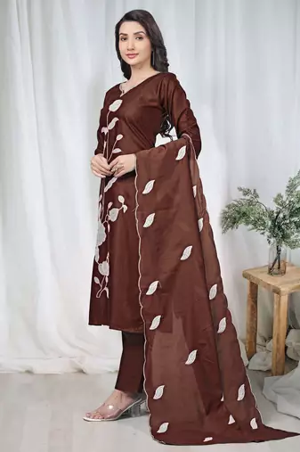 Brown embroidered  vertical cotton straight kurti pant dupatta set