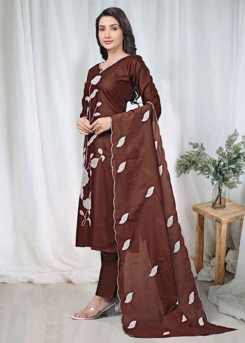 Brown embroidered  vertical cotton straight kurti pant dupatta set