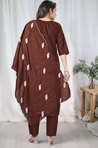 Brown embroidered  vertical cotton straight kurti pant dupatta set