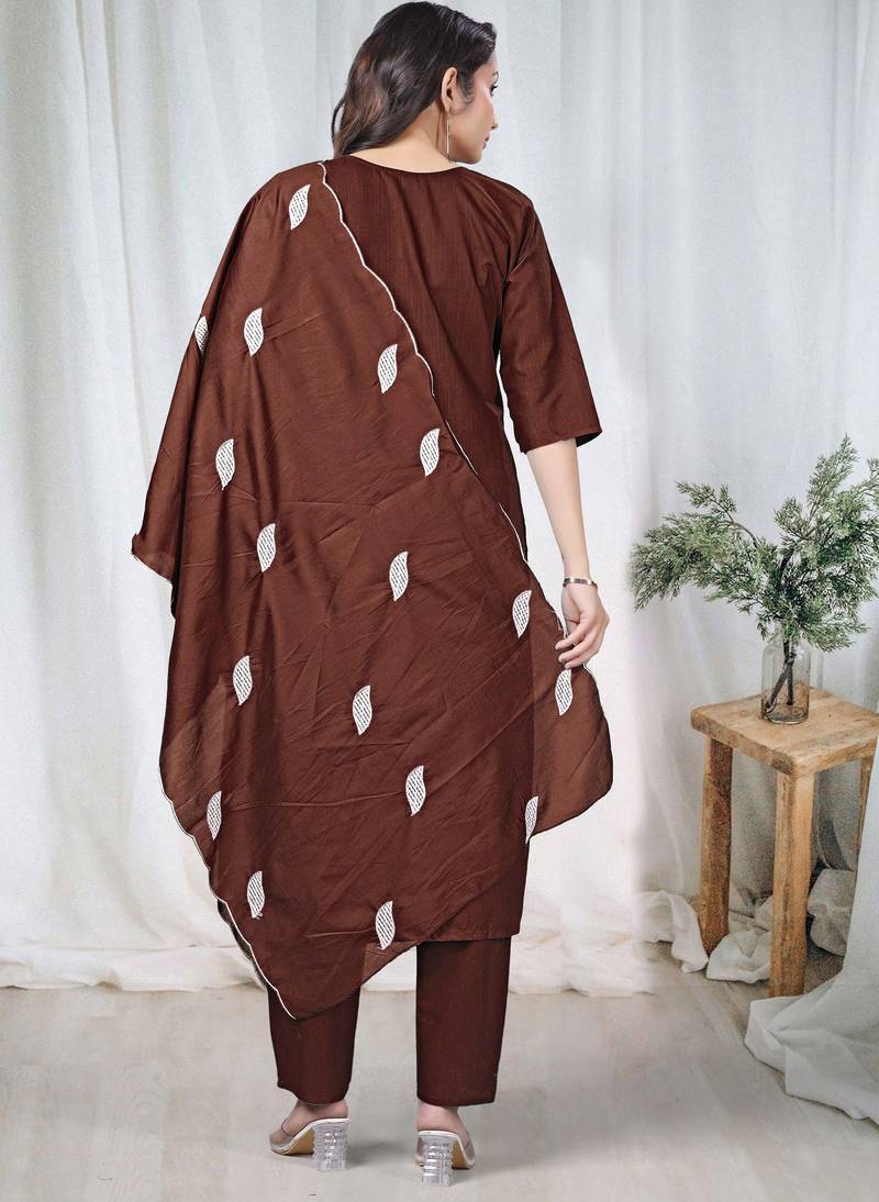 Brown embroidered  vertical cotton straight kurti pant dupatta set