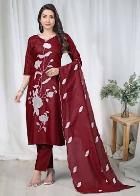 Maroon embroidered  vertical cotton straight kurti pant dupatta set 1