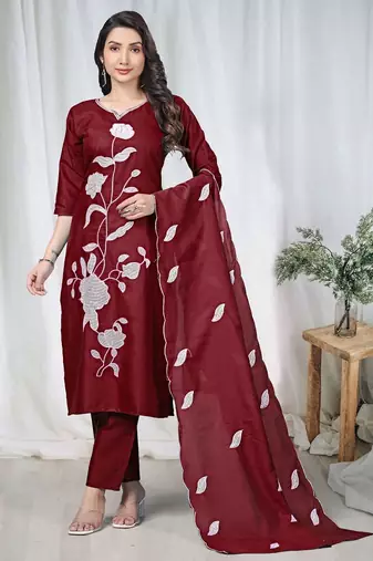 Maroon embroidered  vertical cotton straight kurti pant dupatta set