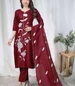 Maroon embroidered  vertical cotton straight kurti pant dupatta set