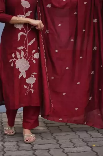 Maroon embroidered  vertical cotton straight kurti pant dupatta set