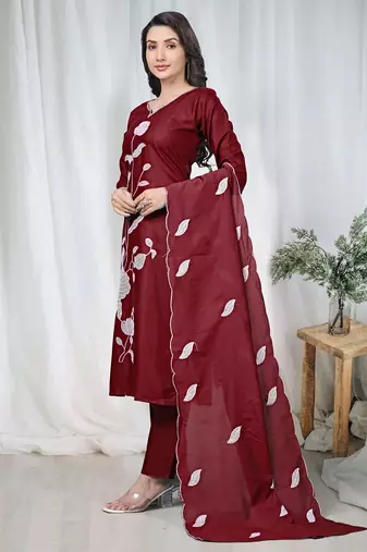 Maroon embroidered  vertical cotton straight kurti pant dupatta set