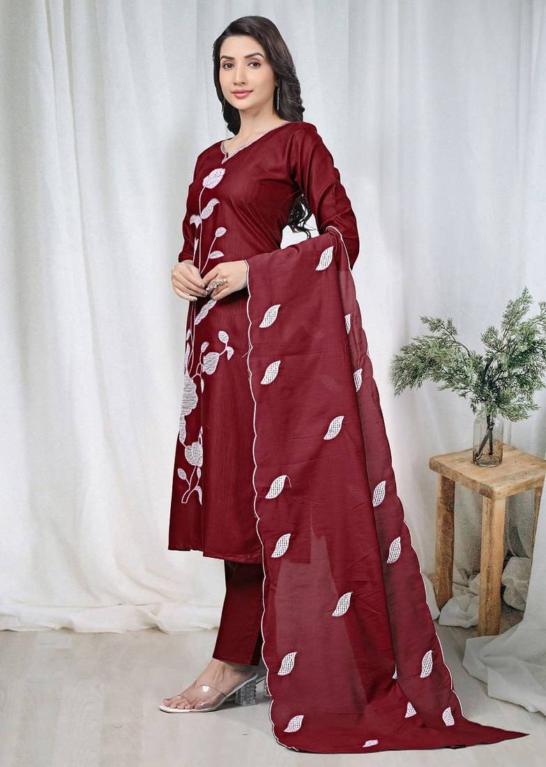 Maroon embroidered  vertical cotton straight kurti pant dupatta set