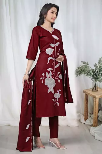 Maroon embroidered  vertical cotton straight kurti pant dupatta set