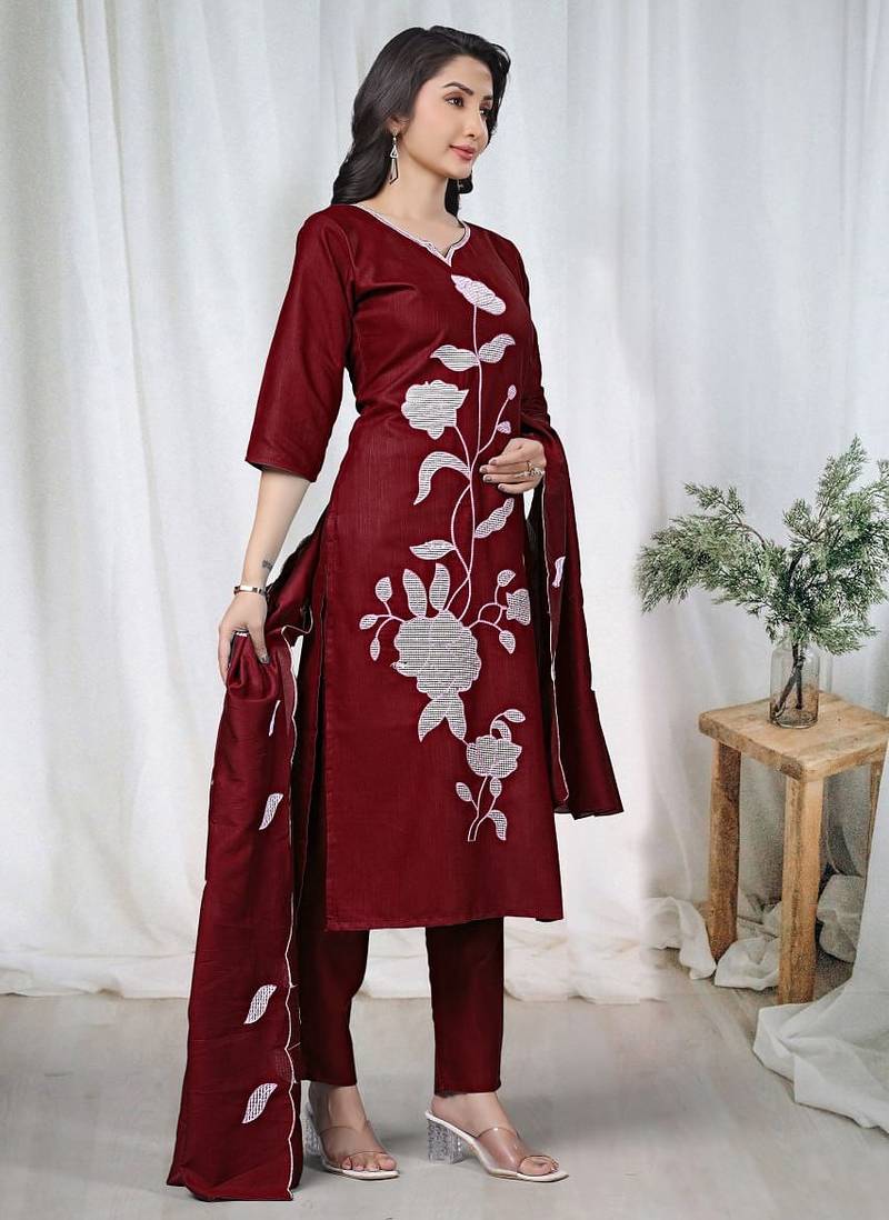 Maroon embroidered  vertical cotton straight kurti pant dupatta set