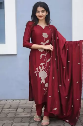 Maroon embroidered  vertical cotton straight kurti pant dupatta set