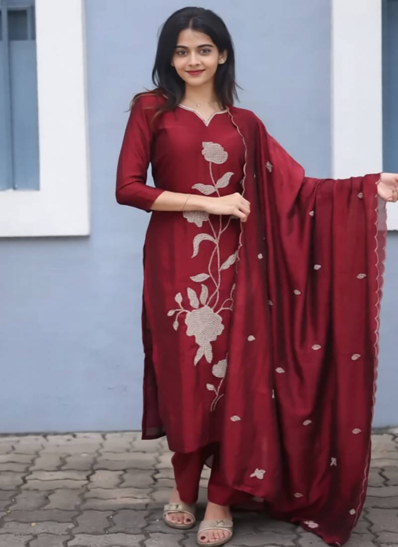 Maroon embroidered  vertical cotton straight kurti pant dupatta set
