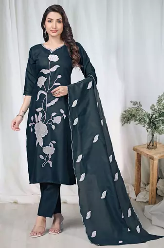 Morpich embroidered  vertical cotton straight kurti pant dupatta set