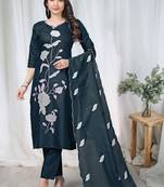Morpich embroidered  vertical cotton straight kurti pant dupatta set