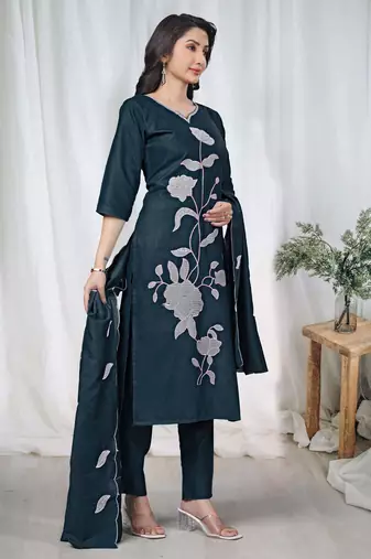 Morpich embroidered  vertical cotton straight kurti pant dupatta set