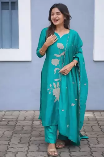 Sky blue embroidered vertical cotton straight kurti pant dupatta set