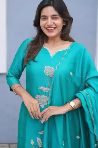 Sky blue embroidered vertical cotton straight kurti pant dupatta set