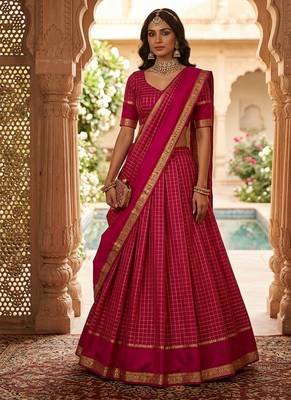 Ranipink Viscose Georgette Zari Weaving Border With all over Chex with Hand dying Lehenga Choli with Dupatta 1