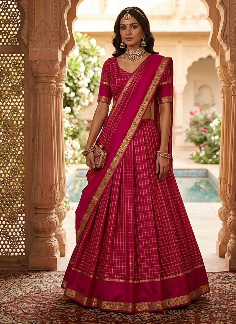 Ranipink Viscose Georgette Zari Weaving Border With all over Chex with Hand dying Lehenga Choli with Dupatta