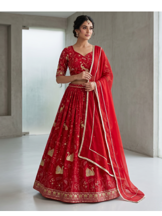 Red Bridal Lehenga Choli with Golden Embroidery & Dupatta 1