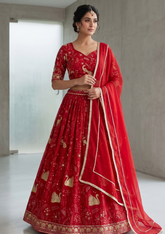 Red Bridal Lehenga Choli with Golden Embroidery & Dupatta