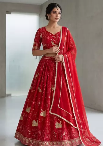 Red Bridal Lehenga Choli with Golden Embroidery & Dupatta