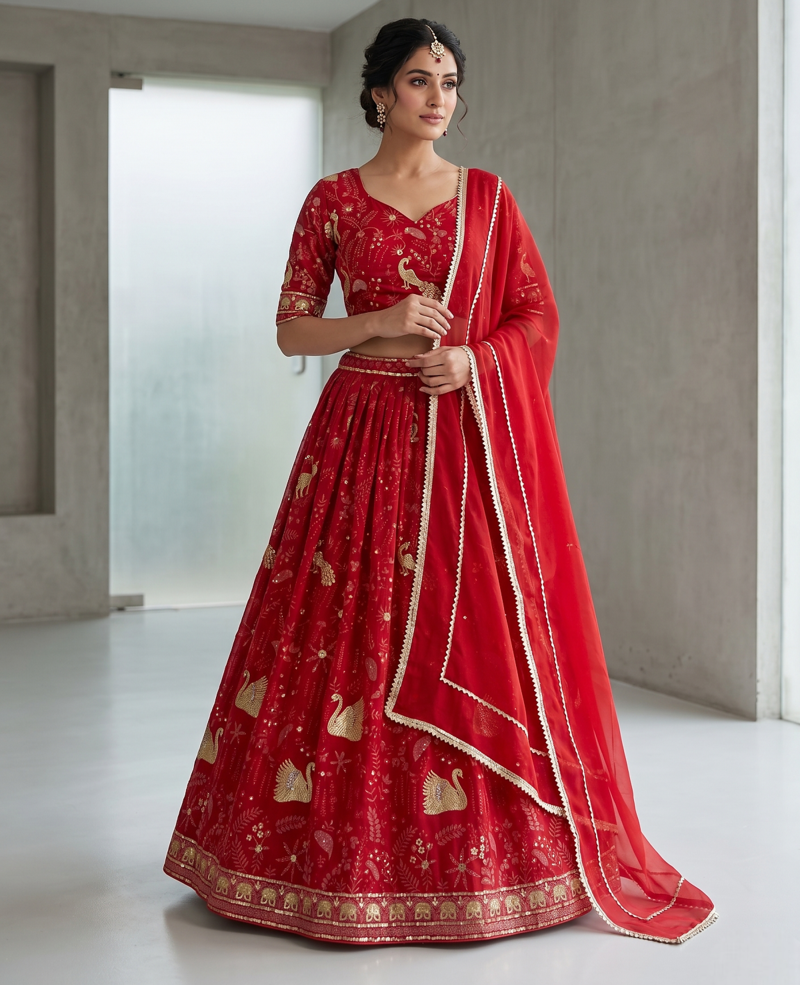 Red Bridal Lehenga Choli with Golden Embroidery & Dupatta