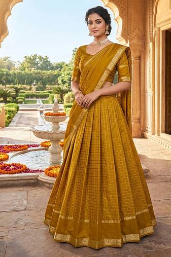 Mustard Viscose Georgette Zari Weaving Border With all over Chex with Hand dying Lehenga Choli with Dupatta