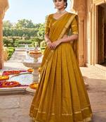 Mustard Viscose Georgette Zari Weaving Border With all over Chex with Hand dying Lehenga Choli with Dupatta