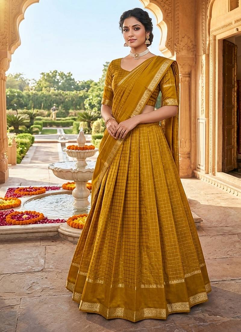 Mustard Viscose Georgette Zari Weaving Border With all over Chex with Hand dying Lehenga Choli with Dupatta
